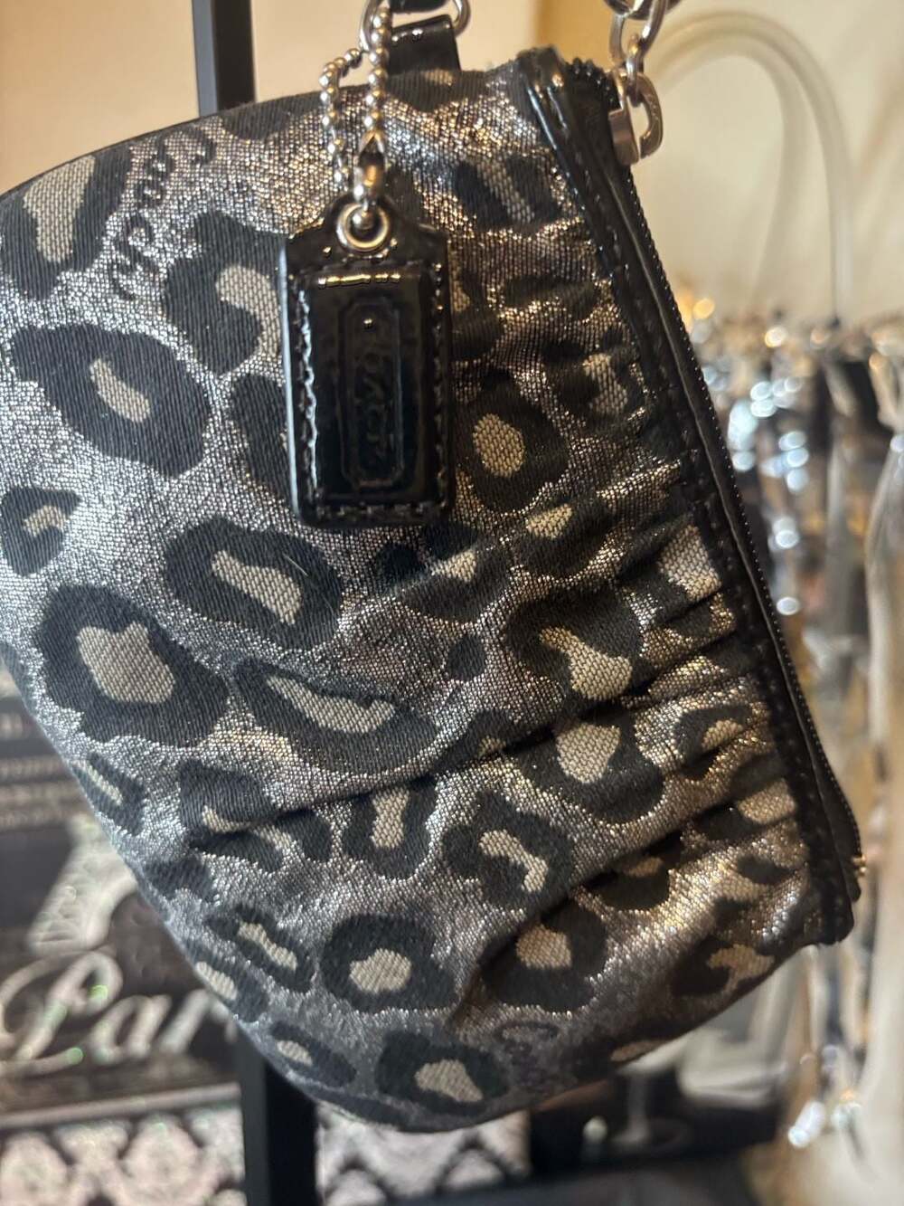 Coach Metallic Ocelot Leopard Print Wristlet Black Silver